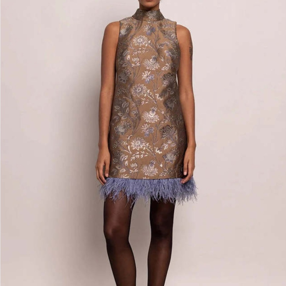 Floral Brocade Dress with Feather Hem